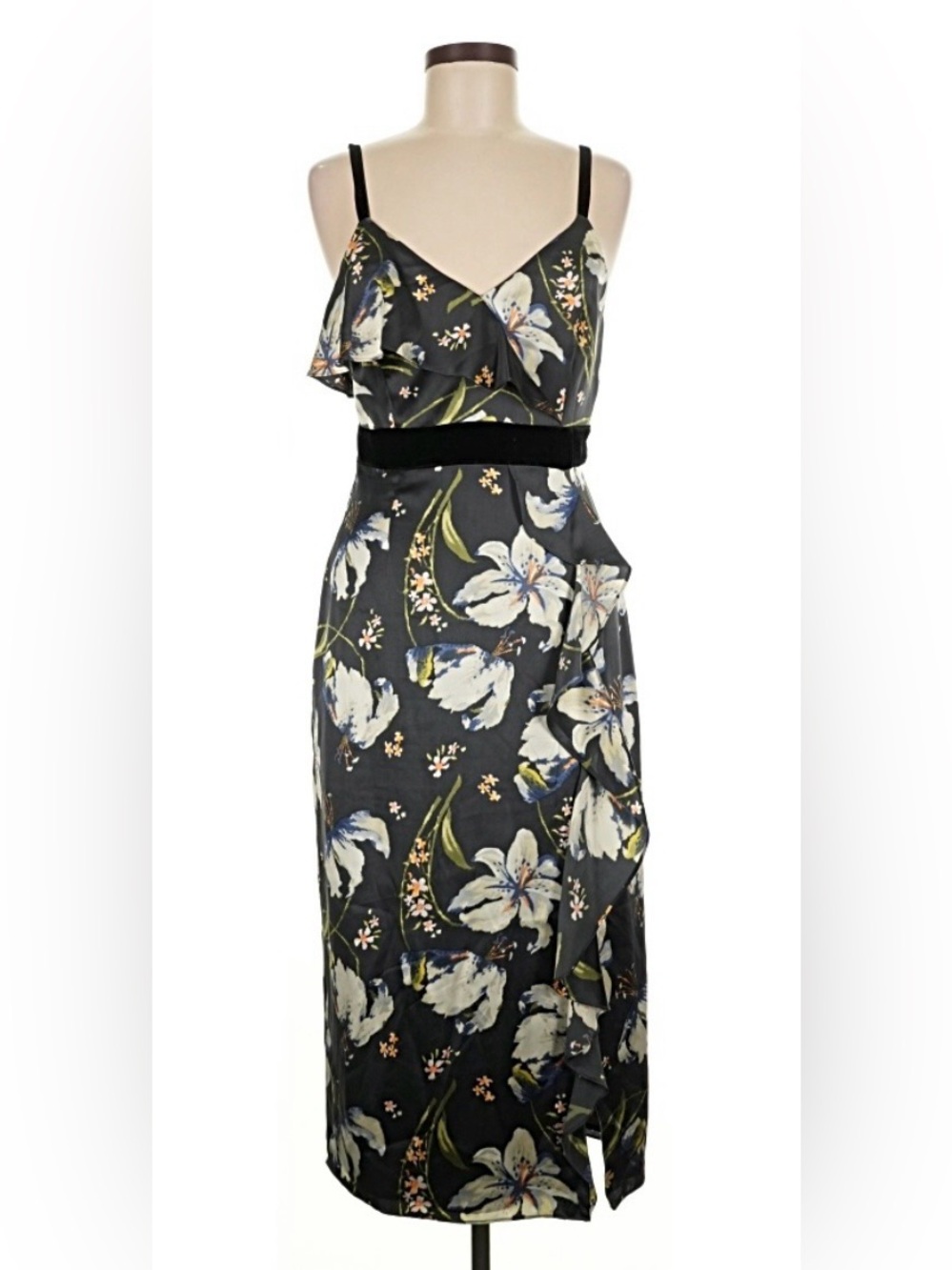 cinq à sept Black Floral Ruffle Maxi Dress with White and Green Accents